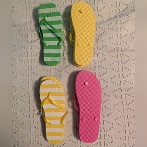 NWOT Striped Yellow, Green, and Pink Flip Flops (4 pairs)